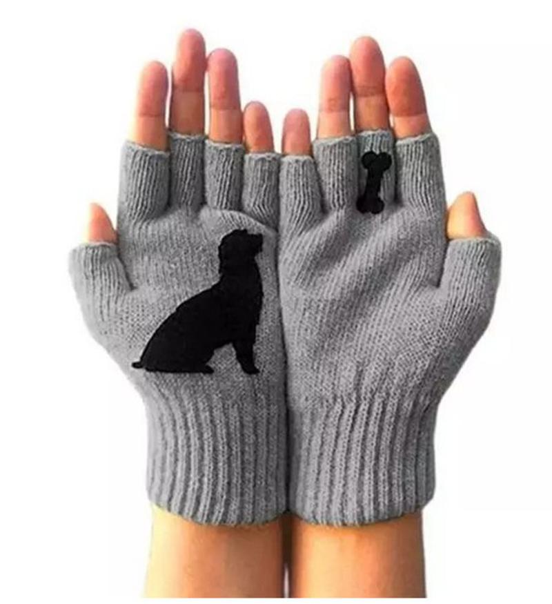 

Ladies Woolen Gloves Autumn Winter Outdoor Warm Dog Bones Print Gloves Soft Fingerless Knitted Glove Hand Warmer