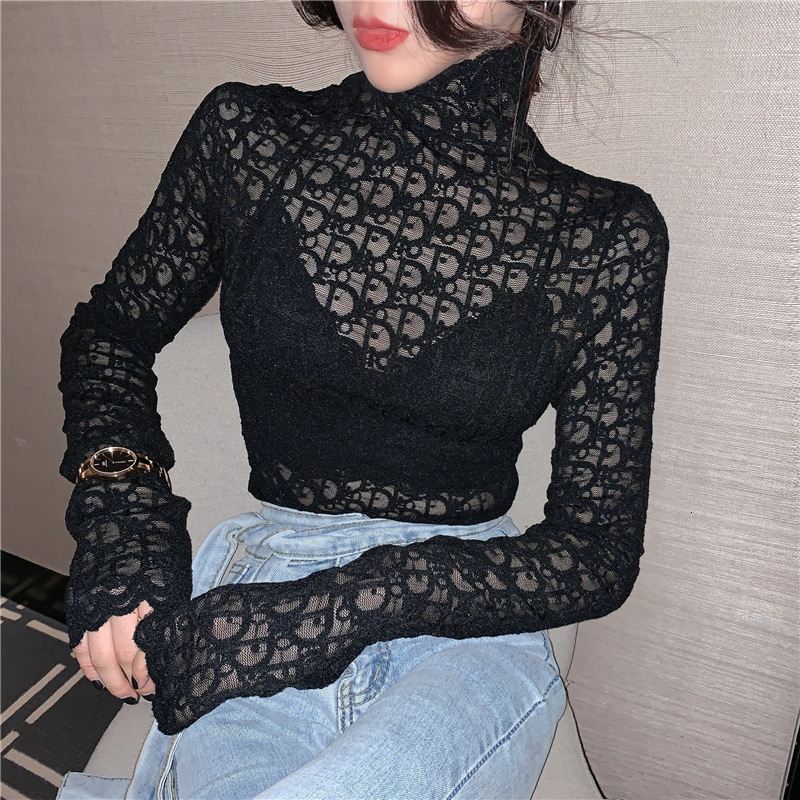 

2021ss designer womenHigh collar cut-out lace top for women's new autumn and winter with long sleeve T-shirt and slim fit top, White