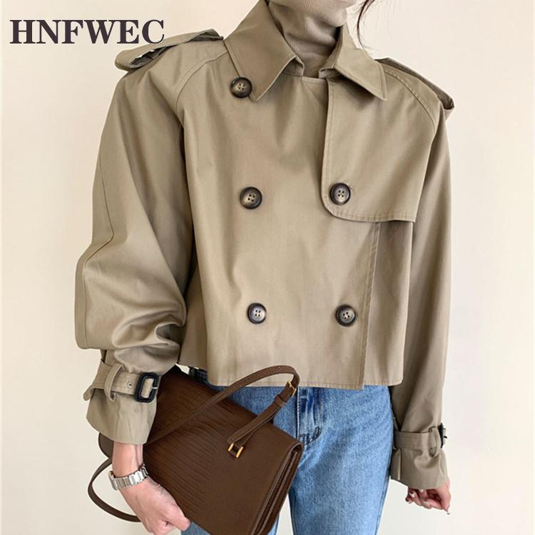 

New 2021 Autumn Winter Women' Windbreaker Streetwear Buttons Cargo Vintage Oversize Wild Short Trench Tops V810, Khaki