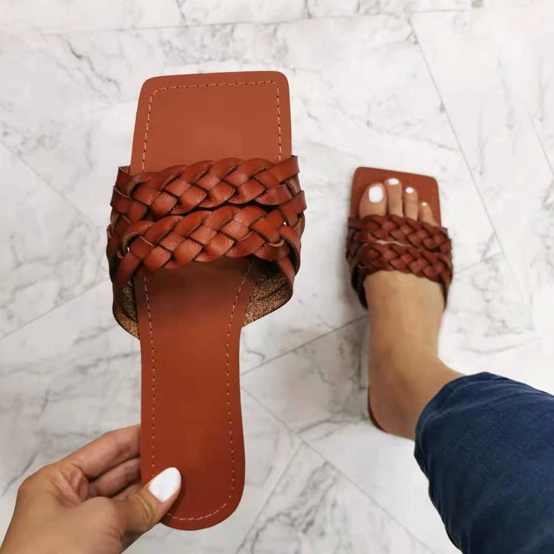 

Square Toe Fashion Flat Women Sandals Summer Outdoor Beach Slides Double Woven Solid Color Sandal for Woman Sandalias De Mujer #kd4R, Black