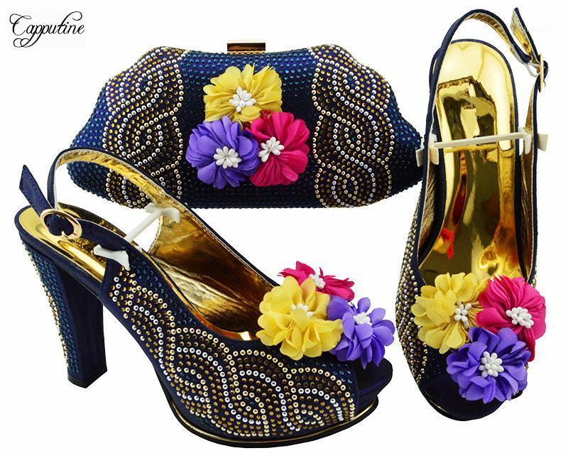 

Popular flower pattern African shoes with purse bag sets for evening party JZS-02 dark blue Heel Height 11cm1, As pic