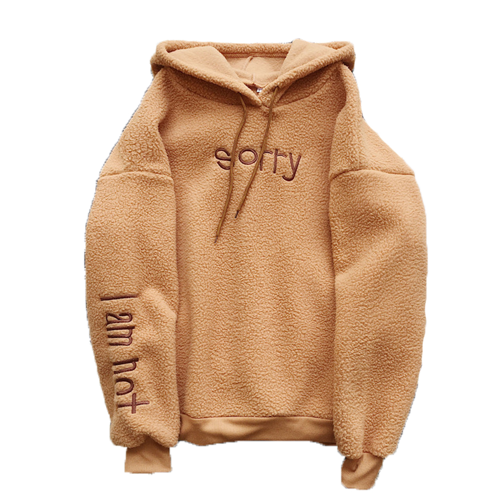

Fashion Brand Trendy Loose Casual Cardigan Jacket Women Youth Lambswool Embroidery Zipper Hoodies US Size Women, Camel