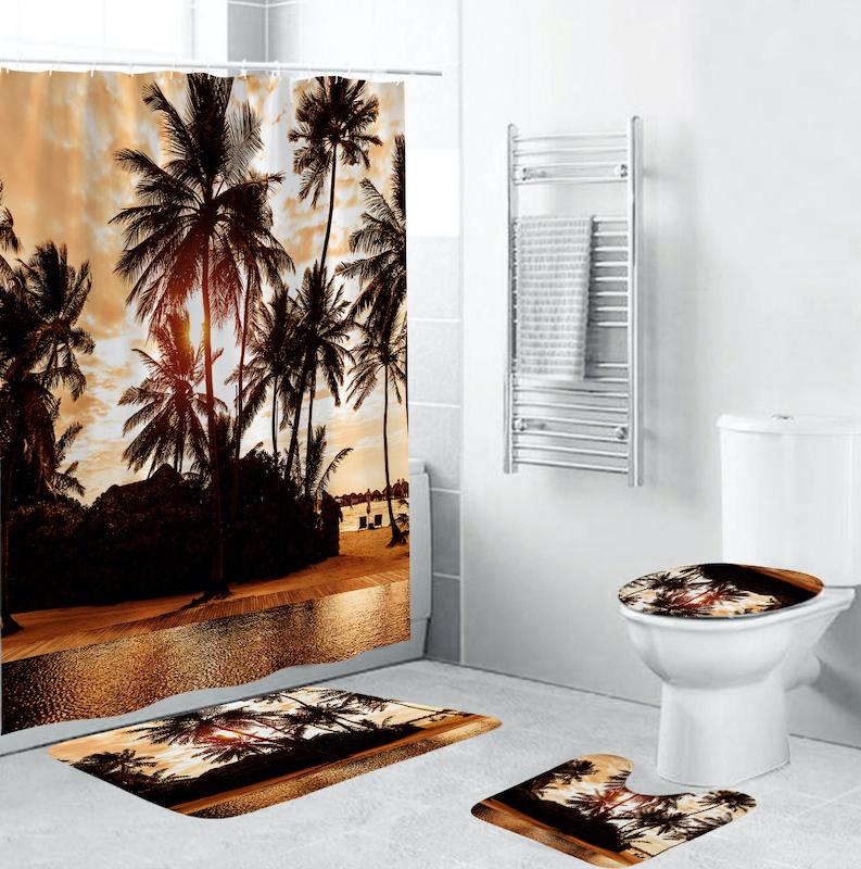 

4 Pcs Sunset Coconut Tree Pattern Shower Curtain Pedestal Rug Lid Toilet Cover Mat Bath Mat Set For Bathroom Decor