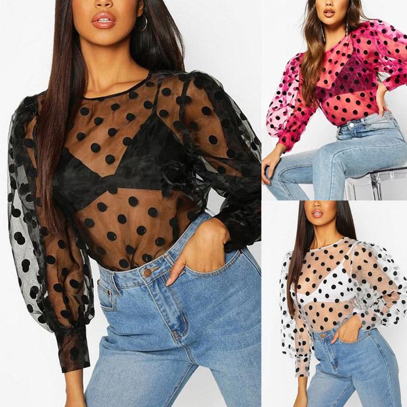

2020 Women T-Shirt Female Polka Dot Print Sheer Long Puff Sleeve Clubwear Autumn Holiday Transparent Sexy Lady Clothing Top