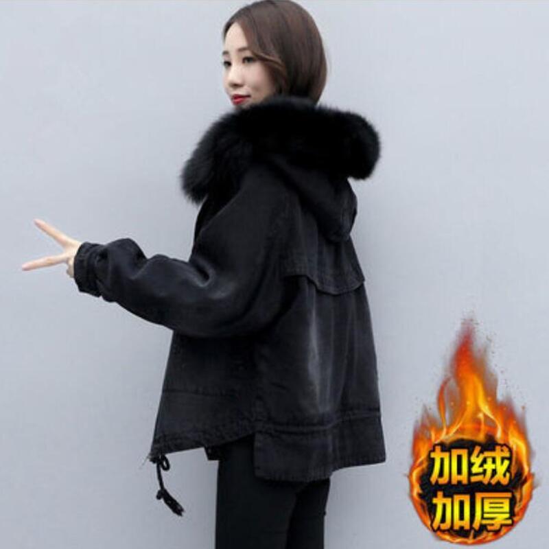 

Large size 3xl parka 2020 winter denim female jacket jean with hoodie fashion ladies black jackets outerwear, Blue