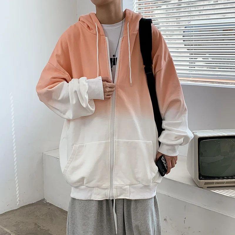 

Mens Autumn Gradient Color Hoodies Fashion Retro Casual Hooded Sweatshirt Male Streetwear Loose Hip Hop Cardigan, Black