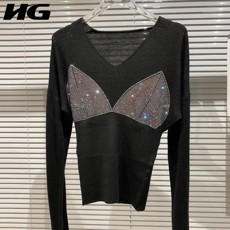 

HG Patchwork Sequins Casual Sweater Women Tide Fashion V Neck Collar Long Sleeve Pullover Elegant Personality Slim Top ZXR13881, Black zxr1388