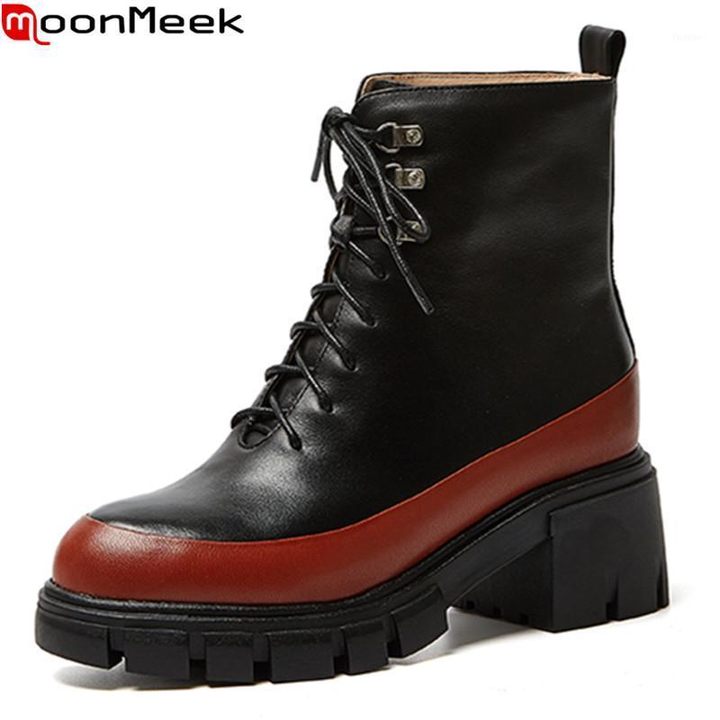 

MoonMeek 2020 New arrive autumn winter ankle boots genuine leather ladies shoes square heels round toe women boots1, Black