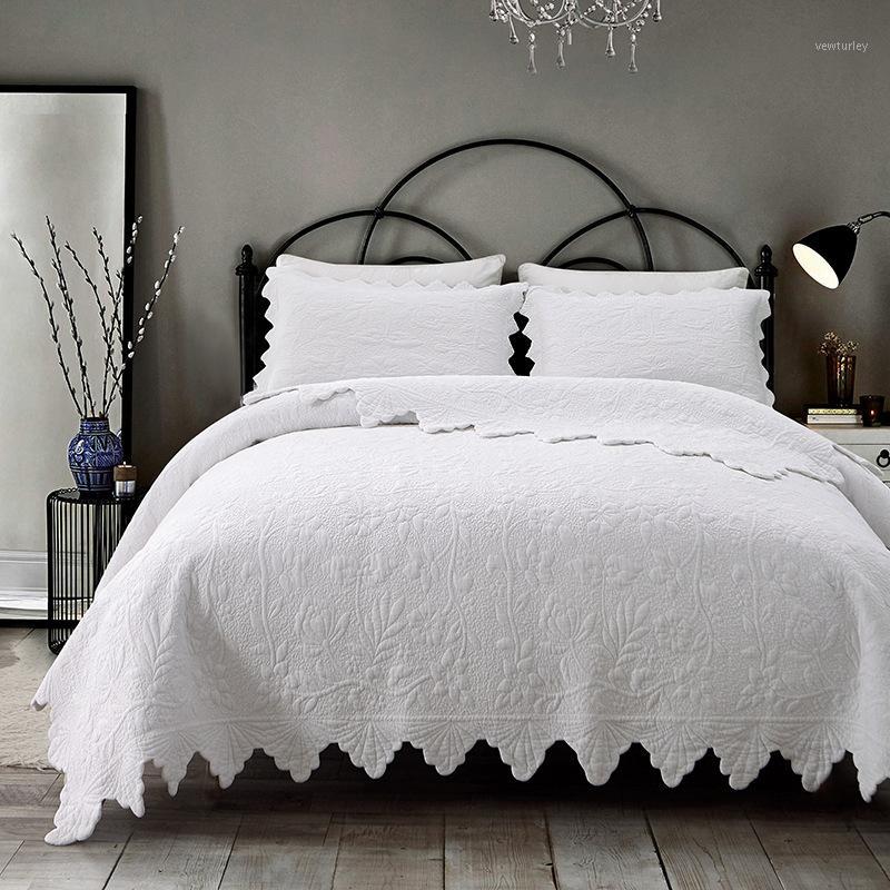 

Luxury White Grey Quilt bedspread pillowcase 100%cotton bed cover linen patchwork American style air condition quilts king queen1