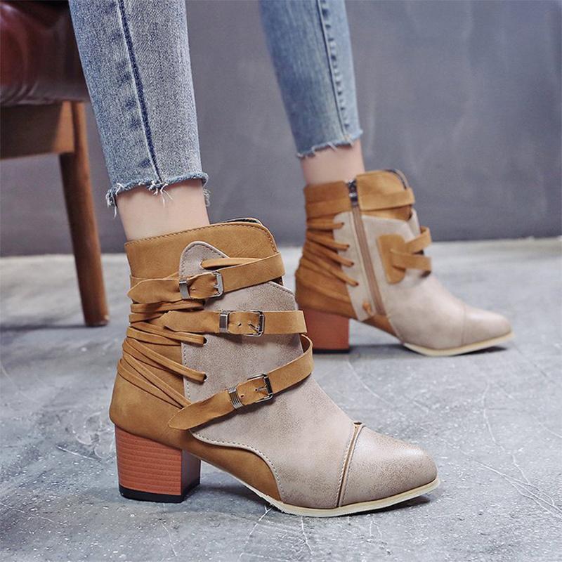 

Women Motorcycle Ankle Boots Sexy Pointed Toe Med Heels Platform Buckle Shoes Woman Booties botas mujer Size 35-43, Dark brown