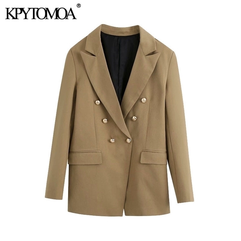 

KPYTOMOA Women Fashion Office Wear Double Breasted Blazers Coat Vintage Long Sleeve Back Vents Female Outerwear Chic Tops 201201, As picture