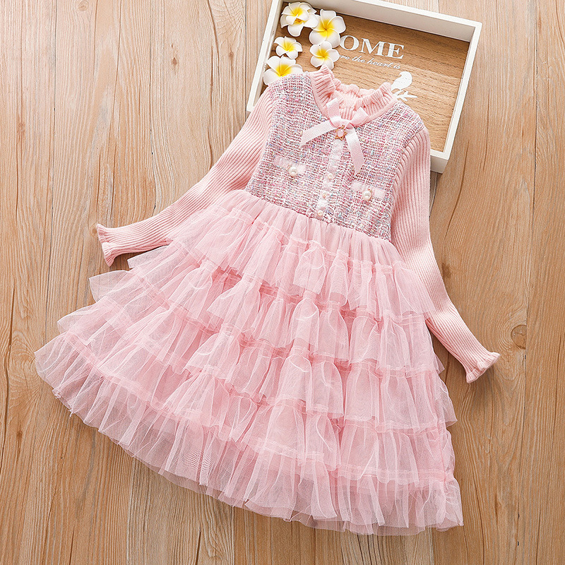 

2021 New 4-10 Yrs Autumn Winter Sweater Lace Chiffon Striped Kids Children Clothing Girl Princess Layered 2 Color 5w11, Pink
