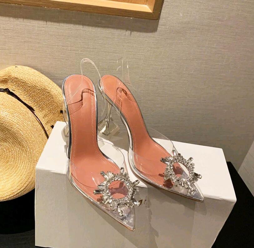 

Pointed transparent rhinestone women's sandals 2021 summer new back space high heels stiletto sexy glass heel crystal shoes, 7cm