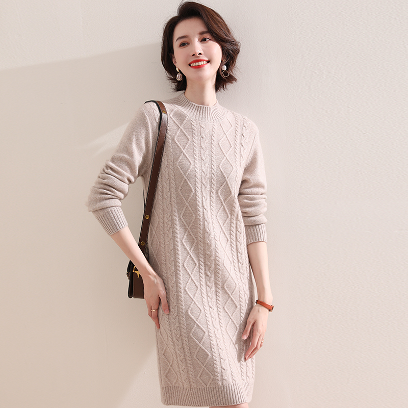 

100% Pure cashmere goat knitted or crocheted for the woman 2020 winter Sell hot coarse length-to-knee dress 4 colours ladies'clothes, Yellow camel