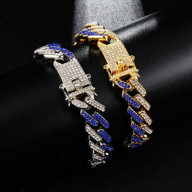 

Charm Bracelets 15MM Bling Iced Out Full Rhinestone Bracelet Geometric CZ Stone Cuban Chain For Men Jewelry