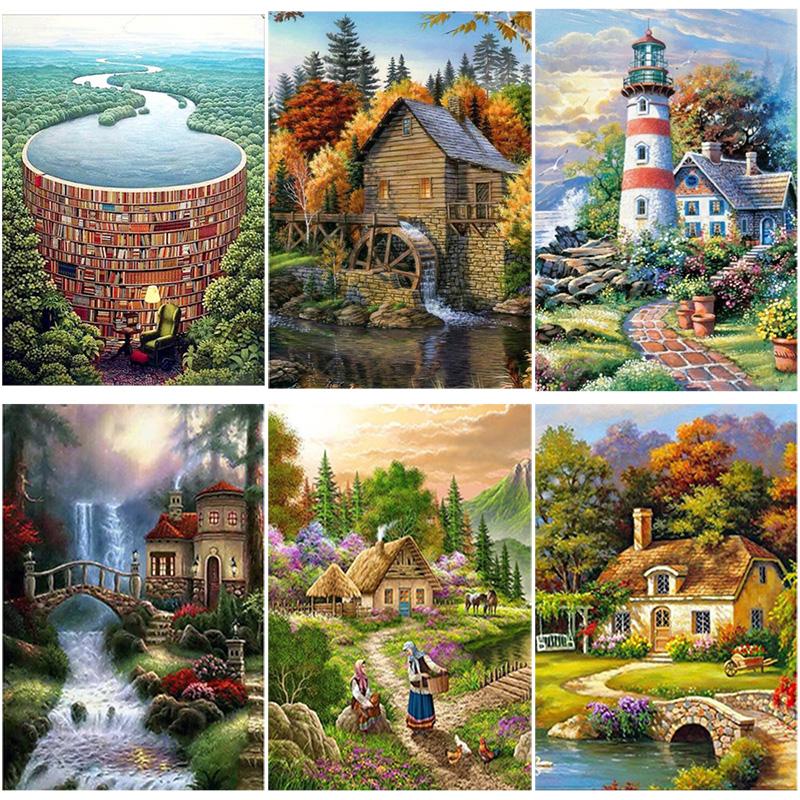 

Paintings DIY 5D Diamond Painting House Embroidery Cross Stitch Landscape Lake Full Round Drill Mosaic Rhinestone Art Home Decor