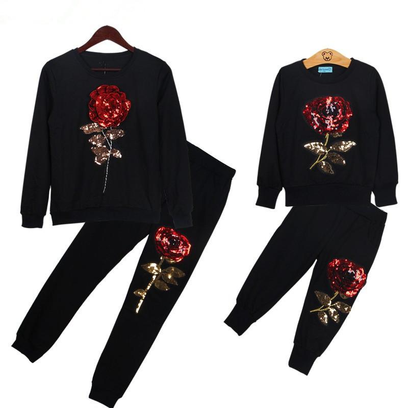 

Autumn Family Matching Outfits Mother And Daughter Sequins Rose Floral Sweatshirt+Pants 2Pcs Girls Clothes Suit Family Look Sets, Black
