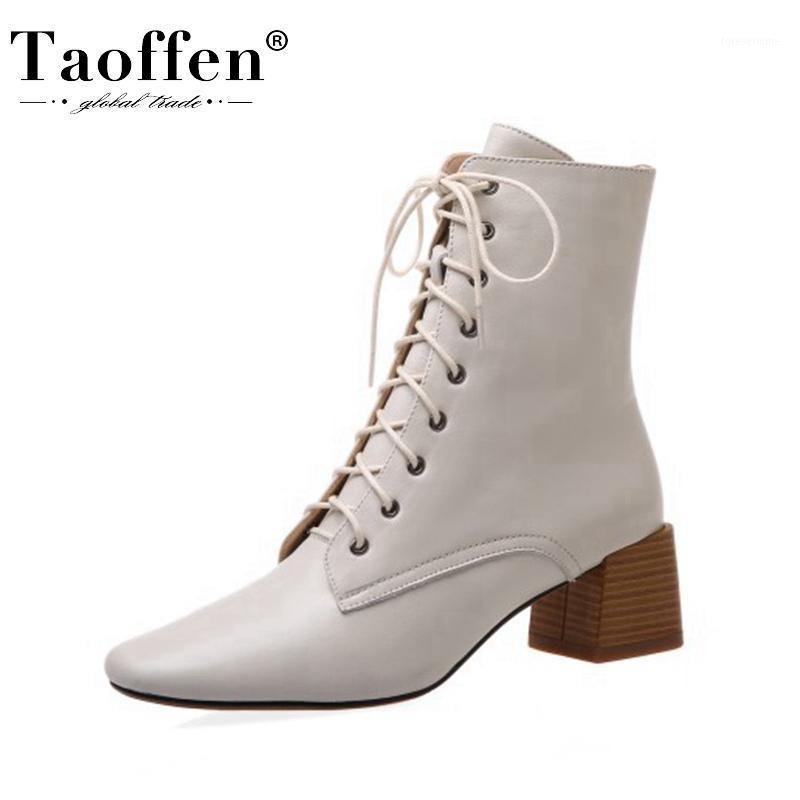 

TAOFFEN New Women Ankle Boots Real Leather Thick Heel Woman Winter Shoes Fashion Classic Short Boots Woman Footwear Size 34-391, Beige
