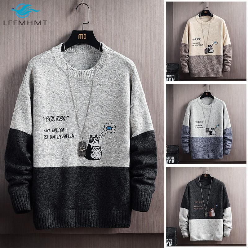 

Autumn Winter New Korean Men's Sweater Crew Neck Plush Thickening Fashion Brand Youth Upper Garment Base Long Sleeves Patchwork, Black