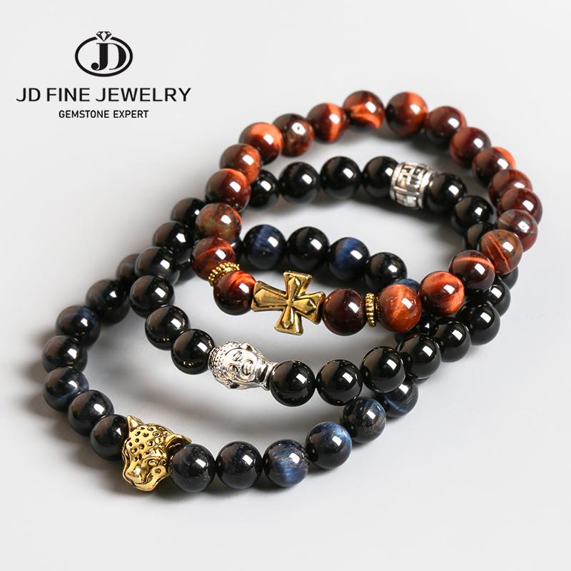 

Charm Bracelets JD Trendy Tiger Eyes Stone Bracelet Men Beads Handmade Gold Leopard Cross Bracelets&Bangles