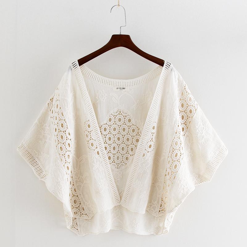 

Summer Cape Female Bud Silk Unlined Upper Prevented Bask Hollow Thin Jacket Made Of Cotton Short Bat Sleeve Cardigan Coat, White