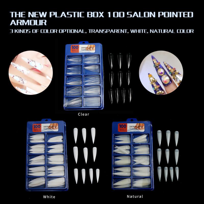 

3 Kinds of color option new plastic boxes 100pcs profesional salon extra long nail tips false nails press on nails tip 100 pcs, White