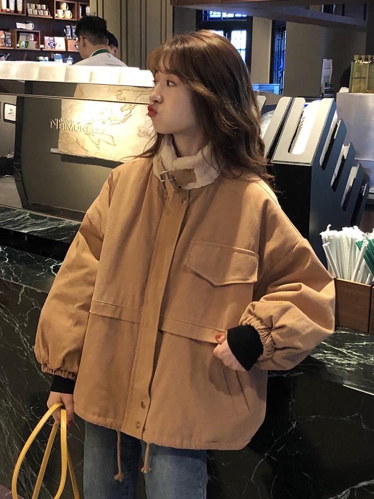 

Coat new women's autumn and winter versatile korean version of loose plus velvet thick small overalls cotton-padded jacket, Beige