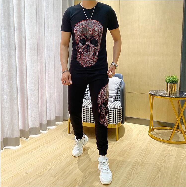 

2021 New Men Tracksuit Cotton Short Sleeves Black Hot Drill Mens Set Summer Brand Clothing Homme Diamond Stone P0kv, Color as shown