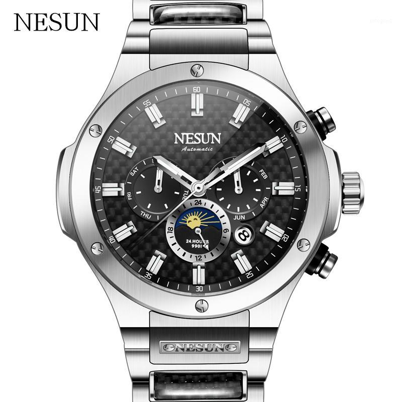 

Wristwatches NESUN Watch Men's Casual Sports Stainless Steel Fashion Waterproof Moon Phase Automatic Mechanical Watches1, Black