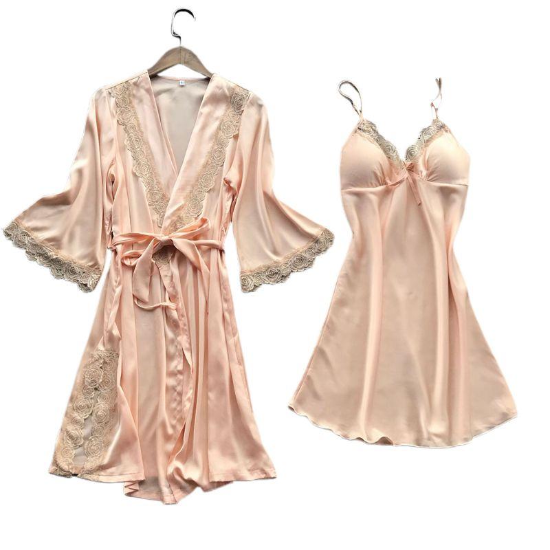 

Womens Imitation Silk Sexy Kimono Robe Nightdress 2Pcs Sleepwear Set Solid Color Floral Lace Patchwork Pajama Camisole Nightgown