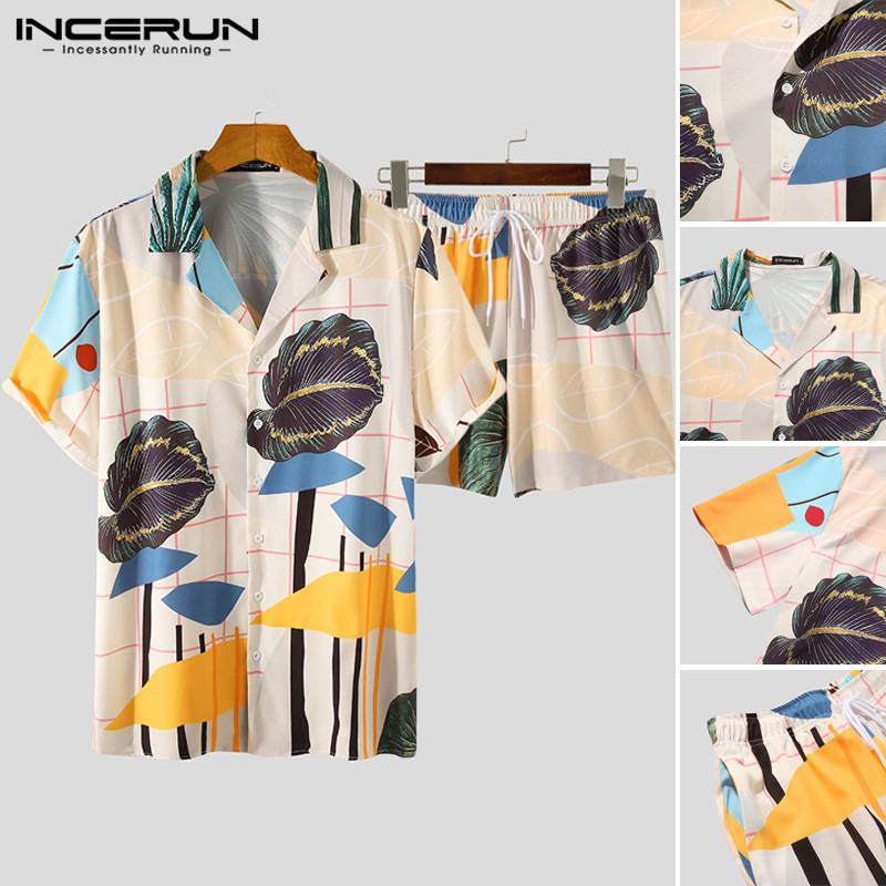 

INCERUN Men Fashion Printed Sets Summer Short Sleeve Lapel Shirts & Drawstring Shorts Man Loose Hawaiian Beach Floral Suits 5XL X0124, Gray