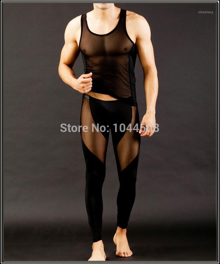 

men pajamas set vest transparent sleepwear ankle long johns set gauze sleepwear 1555 underwear men1, Red