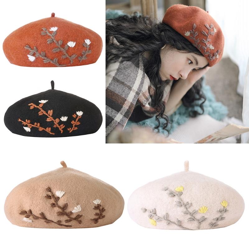 

Japanese Style Women Sweet Girls Winter Warm Faux Wool Beret Hat Floral Leaves Embroidery Solid Color Vintage Artist Cap, Beige white