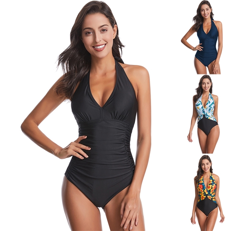 

Plus Size One Piece Swimsuit Solid Swimwear Women Push Up Monokini Pleated Swim Suit Halter Bathing Suit Open Back Mujer Beach Y200824, Ywz9041