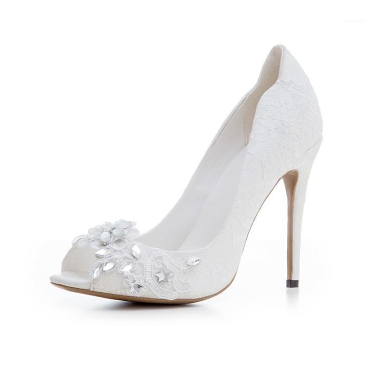 

Spring Women Floral White Lace Women Rhinestone Flowers Peep toe Pumps Slip on Female Single High heels Wedding Shoes1, As pic
