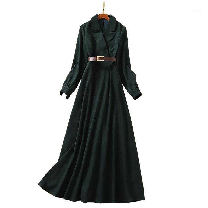 

Dark Green Notched Collar Long Sleeves Leather Belt A Line Ankle Length Maxi Trench Dress Formal Office Dress1