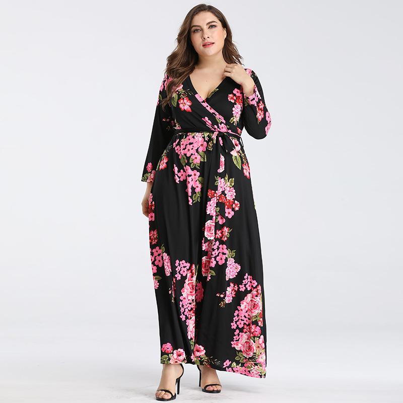 

Plus Size Long Dress Summer New Fashion Boho Women V Neck Elegant Long Sleeve Loose Robe Femme Sexy Yellow Black Maxi Dress
