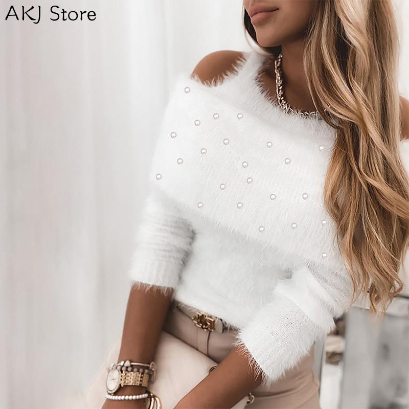 

Women Casual Long Sleeve Pullovers Top Cold Shoulder White Fluffy Beaded Sweater for Women