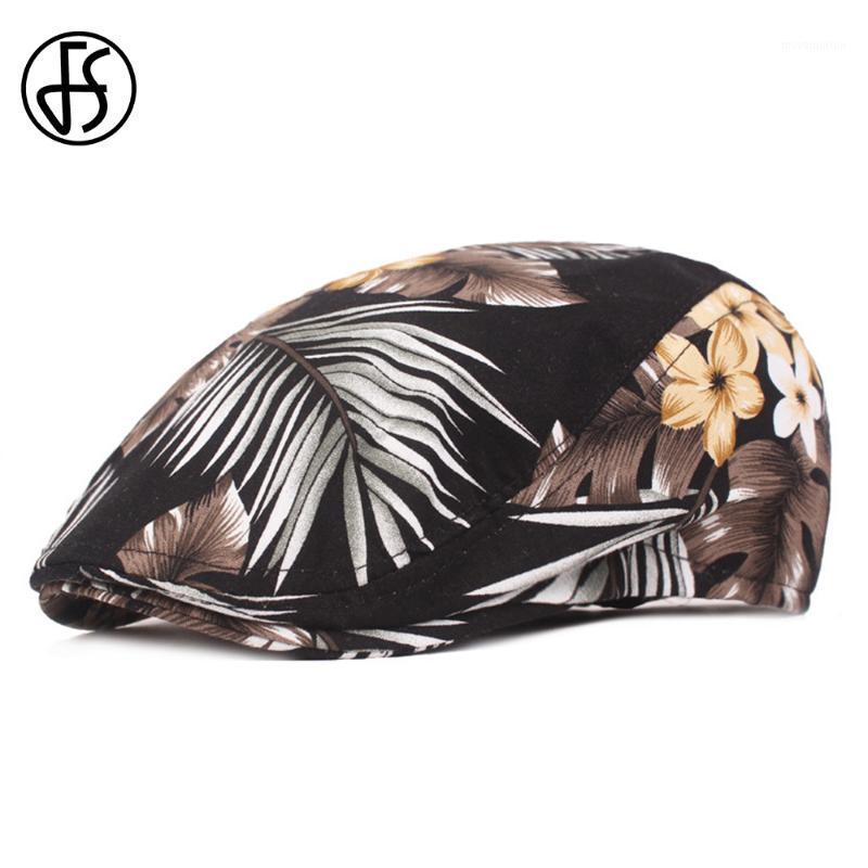 

FS Summer Flower Leaf Print Flat Peaked Caps For Men Women Streetwear Painter Cap Beach Travel Black Red Peaky Blinder Beret Hat1, Black flat cap
