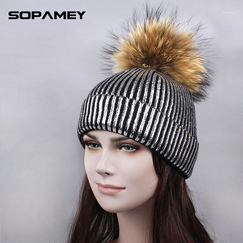 

Winter Women's Beanies Hat Warm Knitted Beanies Real Fur PomPom Ladies Metallic Color Skullies Bronzing Gold and Silver with cap1