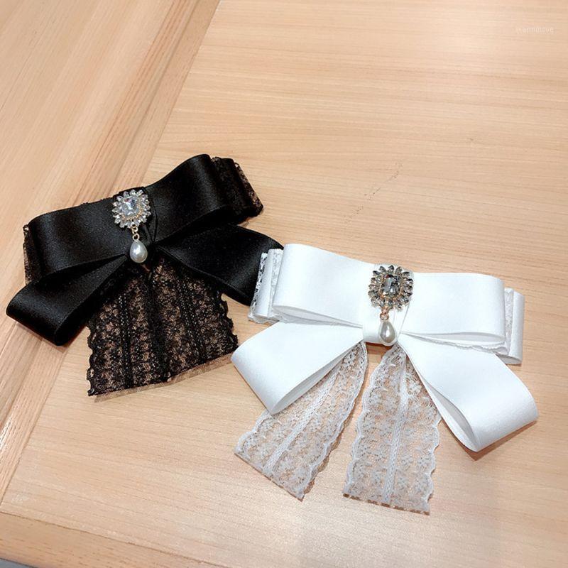 

2020 Women Vintage Layered Satin Lace Bow Brooch Pin Rhinestone Drop Collar Necktie1