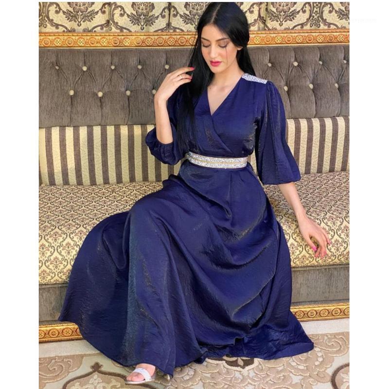 

Dubai Party Evening Long Dress Muslim Women Formal Diamonds Belt V-neck Turkish Middle East 3/4 Sleeve Velvet Autumn Winter New1