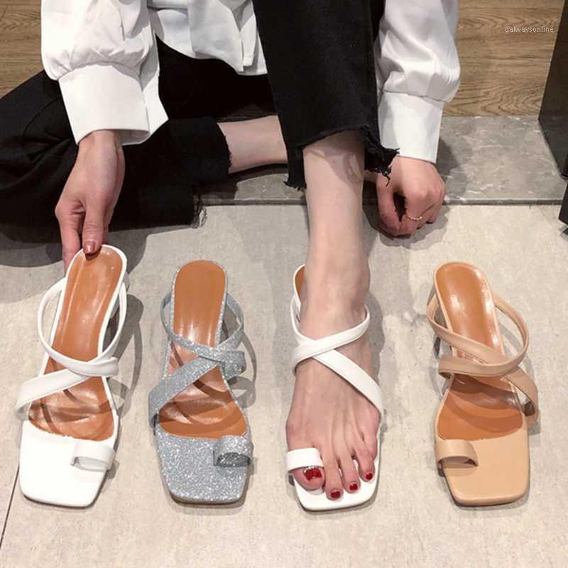 

2020 Summer New Design Women Slipper Square Low Heel Sandal Open Toe Narrow Band Flip Flops Casual Outdoor Beach Slides Shoes1, Khaki