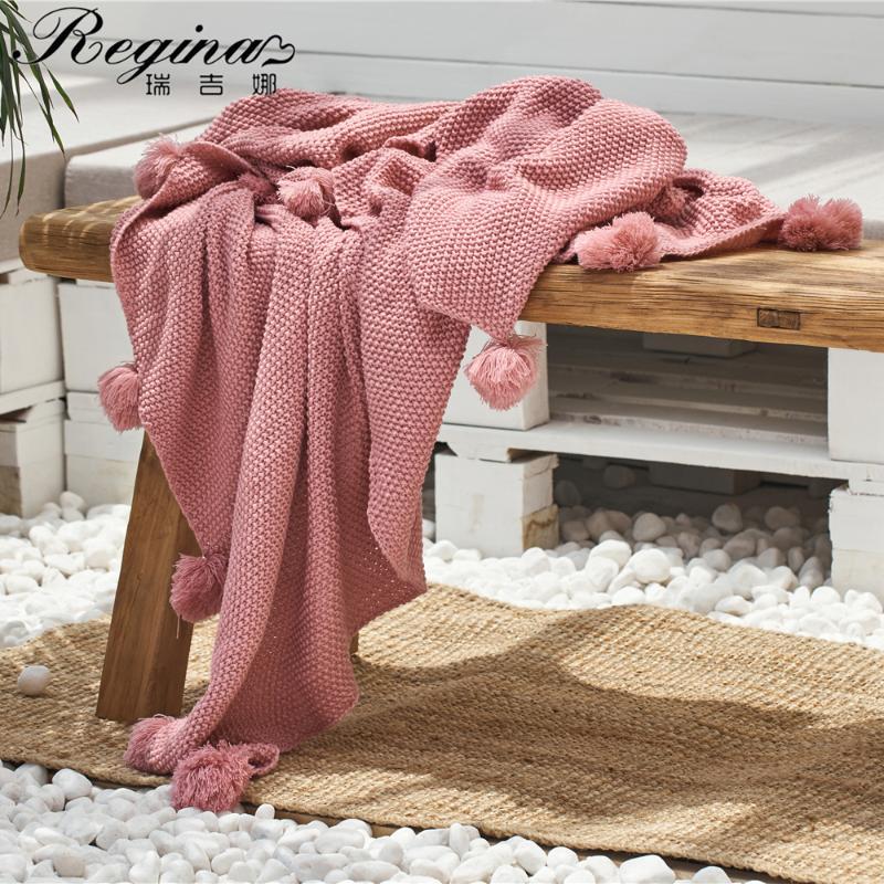 

REGINA Delicate Osmanthus Needle Throw Blanket Wine Pink Pompoms Knitted Blanket Homestay Bed Flag Women Shawl Office Cute Throw