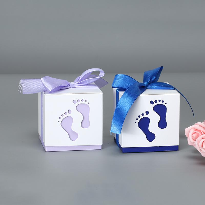 

Hot 10pcs/lot 6*6*6cm Lovely Baby foot shape Candy Box Laser Cut Baby Shower Decorations Gift Box Birthday Party Kids