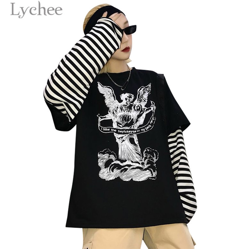 

Lychee Autumn Harajuku Angel Letter Stripe Patchwork Women T-shirt O-Neck Long Sleeve Casual Loose Female T Shirt Tee Top Y200109, Black