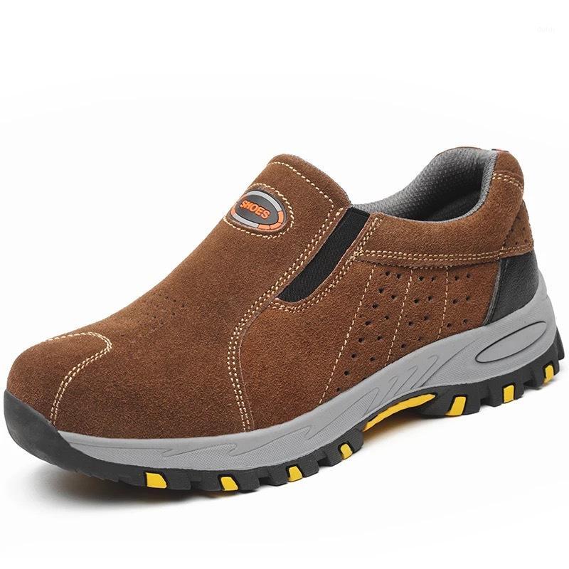 

mens leisure breathable steel toe cap shoes cow suede leather safety shoe summer security work boots slip-on worker footwear man1, Blue
