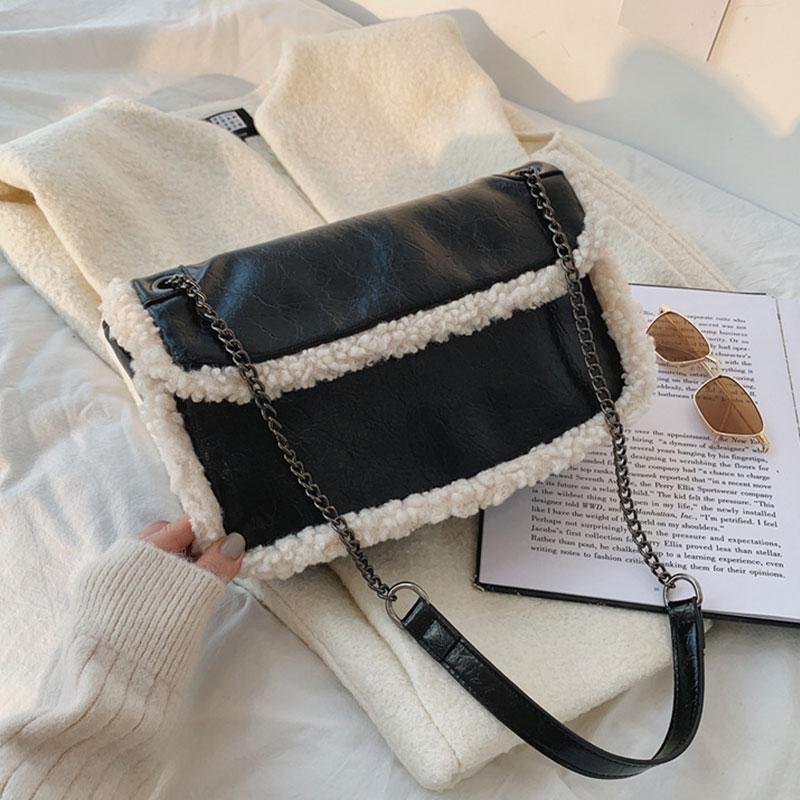 

2021 Winter Chain Shoulder Bag For Women Faux Fur Handbag Fashion Pu Leather Girl Hand Bags Black High Quality New, Beige