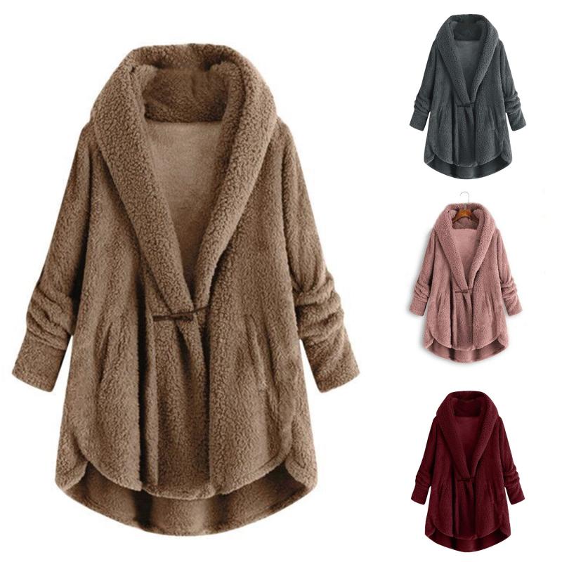 

Winter Casual Faux Fur Coat Women Plus Size Horn Button Plush Tops Hooded Loose Cardigan Wool Coat Winter Jacket, Khaki
