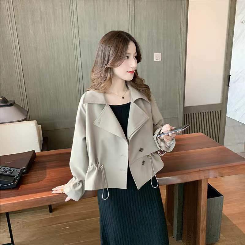 

2021 New Fashions Thin Women Double Button Autumn High Quality Women's Jacket Windbreak Trench Coat Collection QPEV, Khaki-short